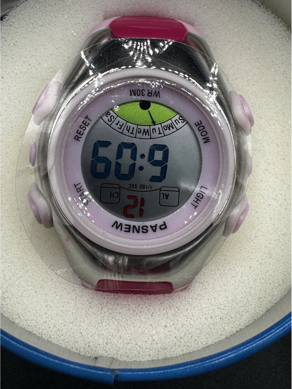 PASNEW WR30M Digital Sport Watch Pink New In Tin Alarm Chronograph Date NOS